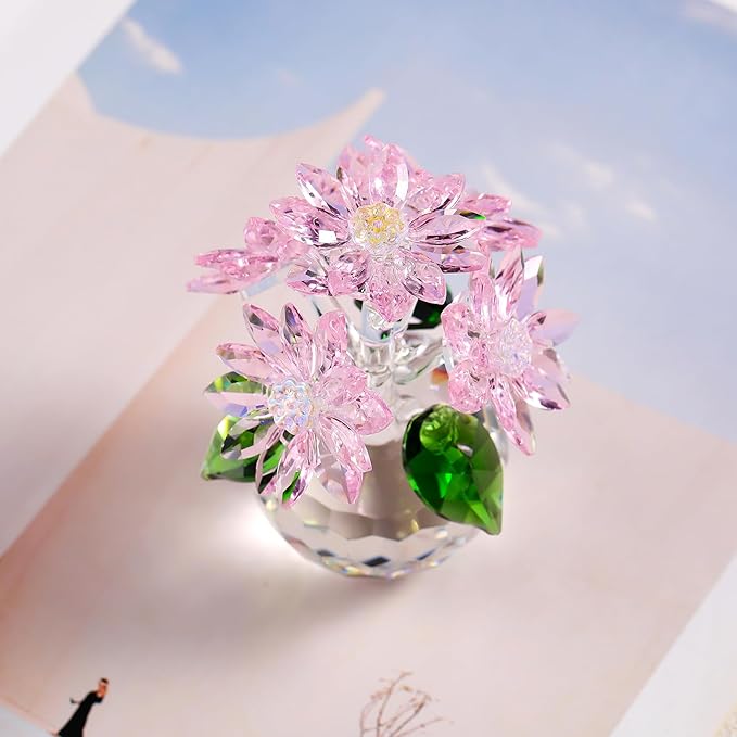 Crystal Pink Daisy Flower Figurine Statue Paperweight Glass Pink Daisy Bouquet Floral Collectible Decor Gifts for Friends Women (with 5 Flowers)