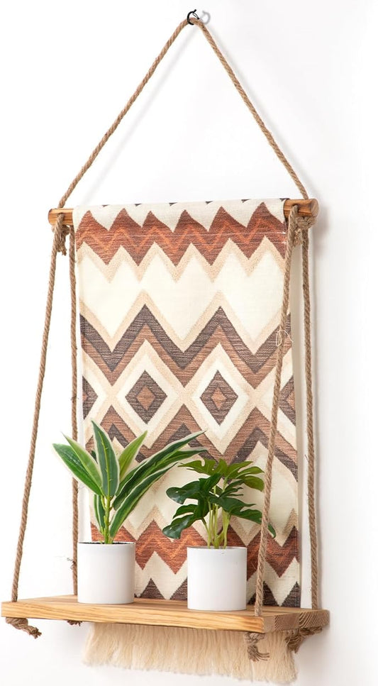 Wall Mounted Shelf, Bohemian Style Decorative Hanging Cloth, Handmade Natural Material, Suitable for Living Room Bedroom Home Storage Hanging Indoor Plant Shelf (Stripe Type)