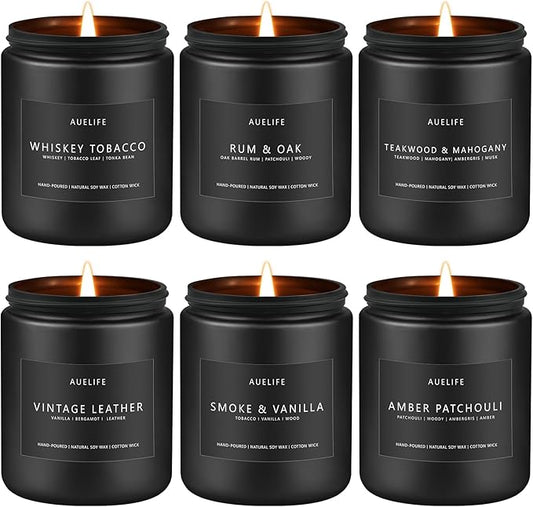Scented Candles Set | Gifts for Father's Day - 6Pack Masculine Soy Candle for Men, Home Scented, Aromatherapy Gift for Dad- Fragrance of Smoke Vanilla/Leather/Mahogany/Tobacco/Oak/Amber