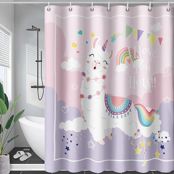 AILONEN Cute Llama Kids Shower Curtain for Girls,Happy Llama in Sky Clouds Print Bath Curtain 72" W*78" H,Kawaii Kids Bathroom Curtain Polyester Waterproof Girls Bathroom Curtain with 12 Hooks