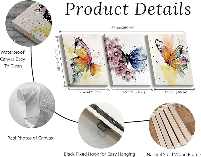 JiazuGo Butterfly Wall Decor - Colorful Butterfly Canvas Wall Art for Girls Bedroom Modren Butterflies Nursery Decor Posters Artwork Bathroom Home Decorations 12" X 16" X 3 Pieces