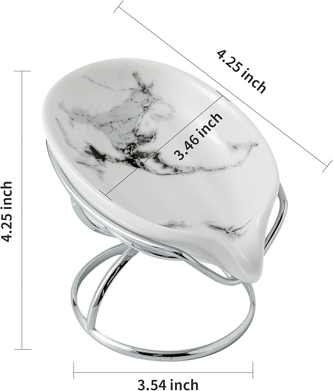 Leaf-Shaped Soap Dish – Ceramic Soap Bar Holder with Self-Drainage System – Bar Soap Holder for Shower, Bathroom Sink, Kitchen – Soap Dish with Stainless Steel Stand (White-Sliver-2 Pack)