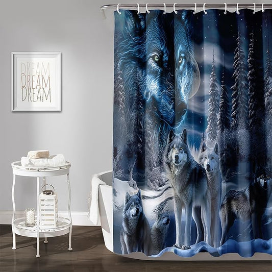 AILONEN Boys Snow Wolf Shower Curtain for Bathroom Decor,3D Night Galaxy Starry Wolf Decor Bath Curtain 72" W*96" H Polyester Fabric Waterproof Bathroom Curtain with 12 Hooks
