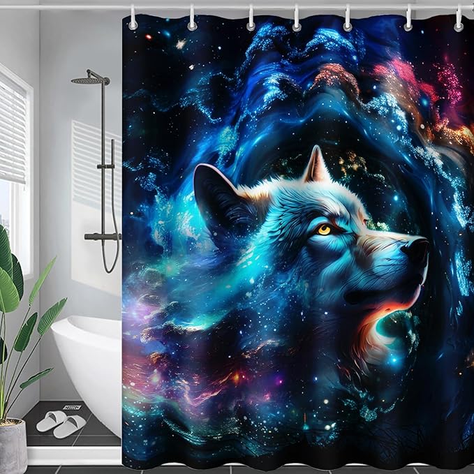 AILONEN 3D Wolf Shower Curtain for Bathroom,Blue Space Galaxy Starry Clouds Wolf Printed Bath Curtain,Boys Teen Kids Wild Animal Wolf Decoration Shower Curtain Waterproof 48" W*72" H