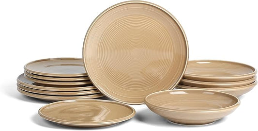 Earth & Clay Harmony 12-Piece Dinnerware, Stoneware, Plates and Bowls, Includes Dinner and Salad Plates, Cereal Bowls, Dishwasher and Microwave Safe, Dish Set for 4, Beige