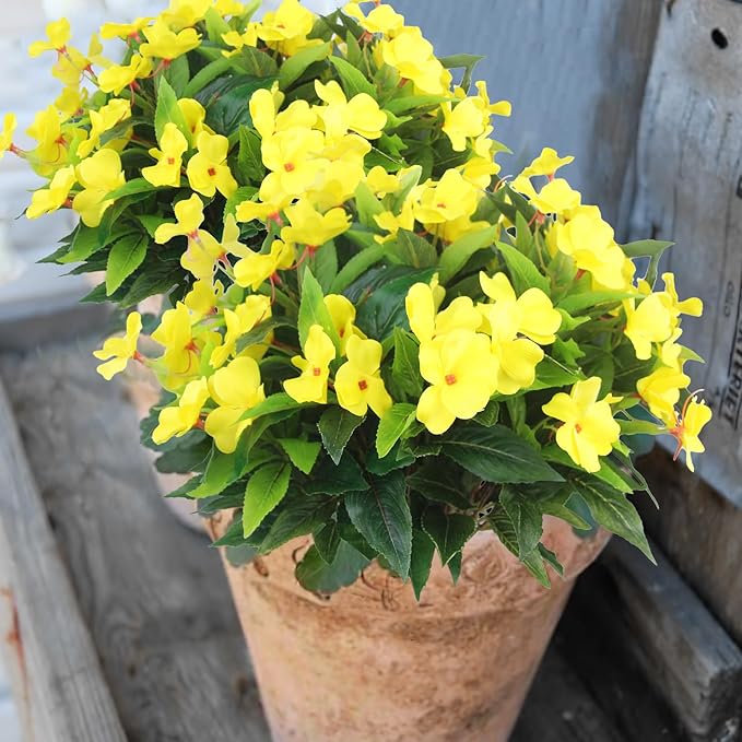 4 Pcs Artificial Flowers Outdoor Impatiens UV Resistant Silk Impatiens Flowers Yellow Faux Flowers Impatiens Bushes Artificial Impatiens for Pot Patio Lawn Garden Hanging Basket Porch Decor