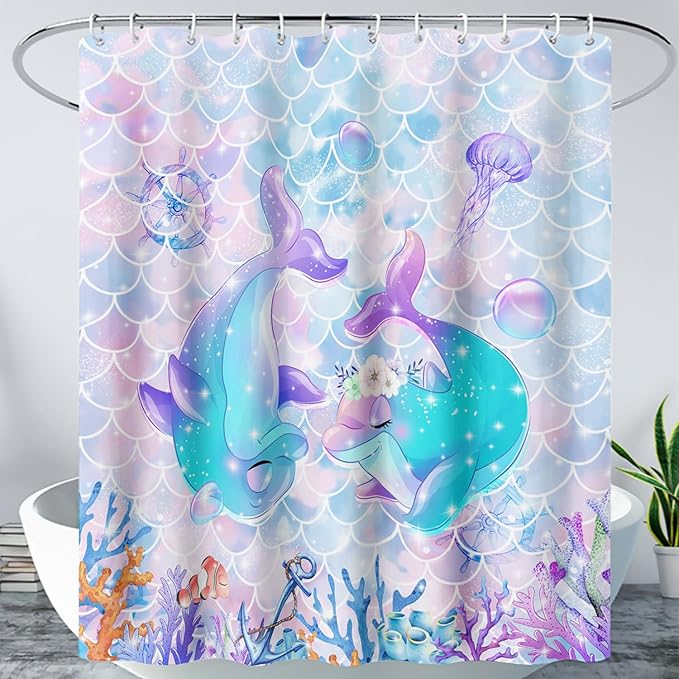 AILONEN Cute Dolphin Shower Curtain,Kawaii Ocean Dolphin Bathroom Curtain for Kids Girls Women,Cartoon Fish Scale Mermaid Bath Curtain 36" W*72" H Polyester Waterproof Shower Curtain with 12 Hooks