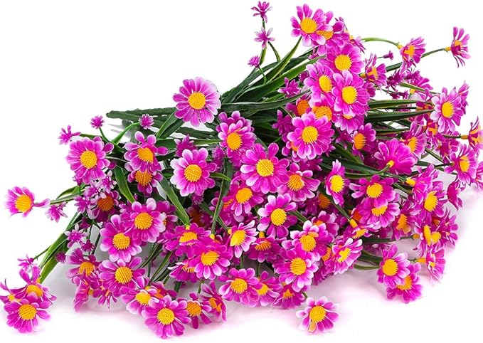 Artificial Daisies Flowers Outdoor UV Resistant 4 Bundles Fake Foliage Greenery Faux Plants Shrubs Plastic Bushes for Window Box Hanging Planter Farmhouse Indoor Outside Decor(Magenta)
