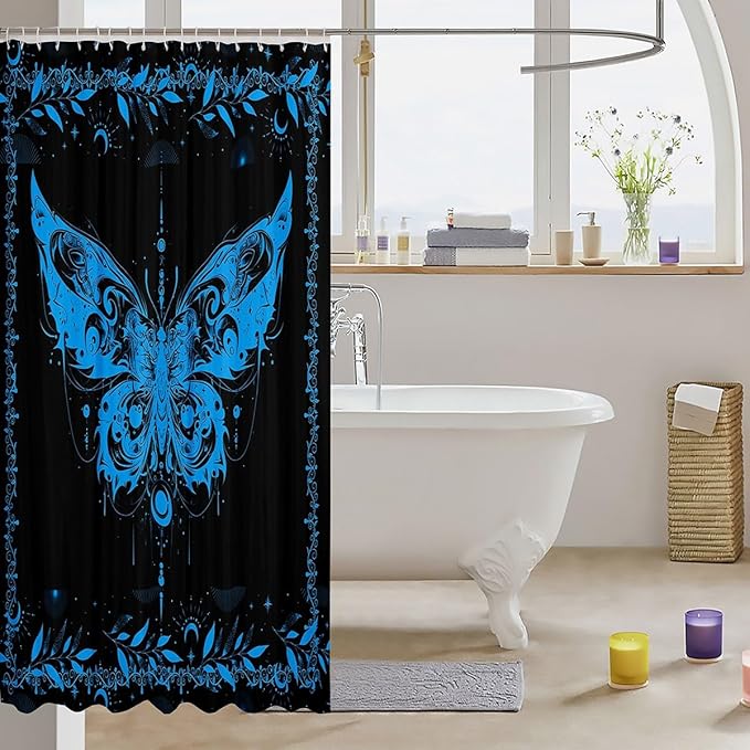 Feelyou Boho Blue Butterfly Bathroom Waterproof Accessories with 12 Hooks Bohemian Moth Shower Curtain for Kids Boys Girls Moon Galaxy Fabric Shower Curtain Black and Blue Curtains,72X84 Inches