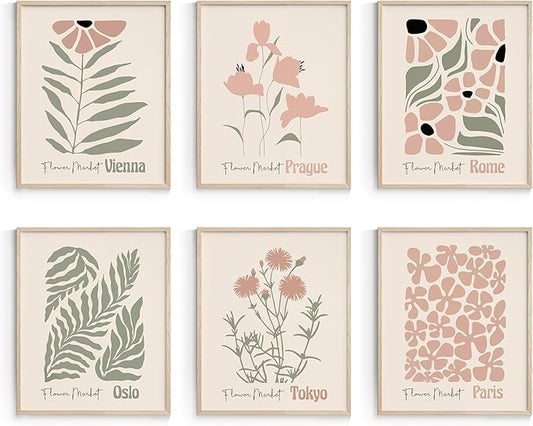 Habseligkeit Retro Flower Wall Art Prints, Vintage Boho Wall Decors for Women's Room Aesthtic, Abstract Posters for Girls Bedroom Decor Aesthetic Unframed, 8X10in, Set of 7