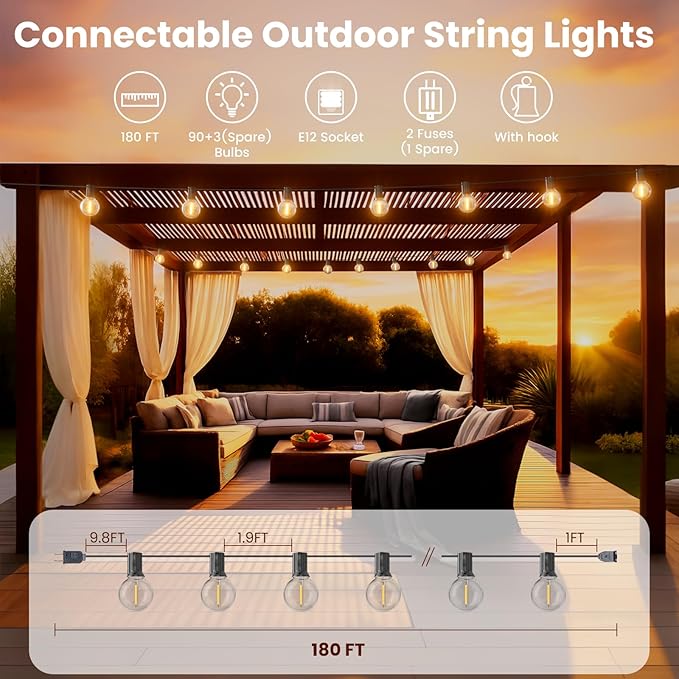 RTTY Outdoor String Lights 180ft, G40 Led Patio Globe Lights with 93pcs Bulbs,Shatterproof Waterproof Connectable Hanging for Porch Cafe Bistro Backyard Gazebo Balcony Deck Party