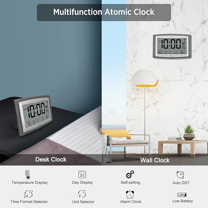 WallarGe Atomic Clock with Outdoor and Indoor Temperature - 12.5 Inch Self-Setting Digital Clock Large Display, Battery Operated Wall Clocks or Desk Clocks for Bedroom, Livingroom, Office