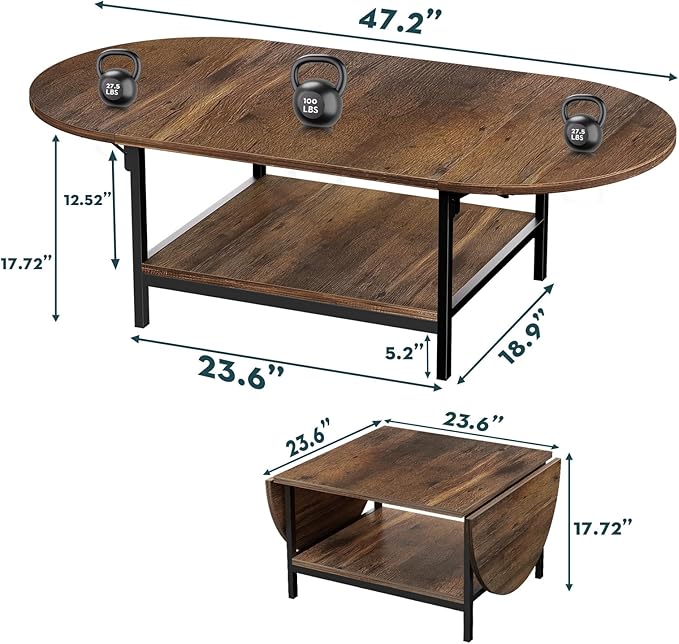 SAYGOER Coffee Table 2-Tier Small Folding Coffee Tables with Storage for Living Room Mid Century Center Table Vintage Extended Table with Two Foldable Panel for Large or Small Space, Rustic Brown