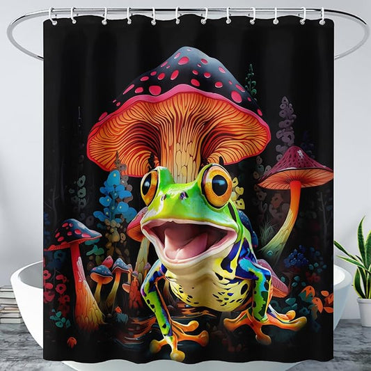 AILONEN Cartoon Tree Frog Shower Curtain,Magic Mushroom Shower Curtain Set for Bathroom for Kids Girls,Boho Style Waterproof Bath Curtain,Tropical Amphibian Bathroom Curtain with Hooks, 72" W*84" H