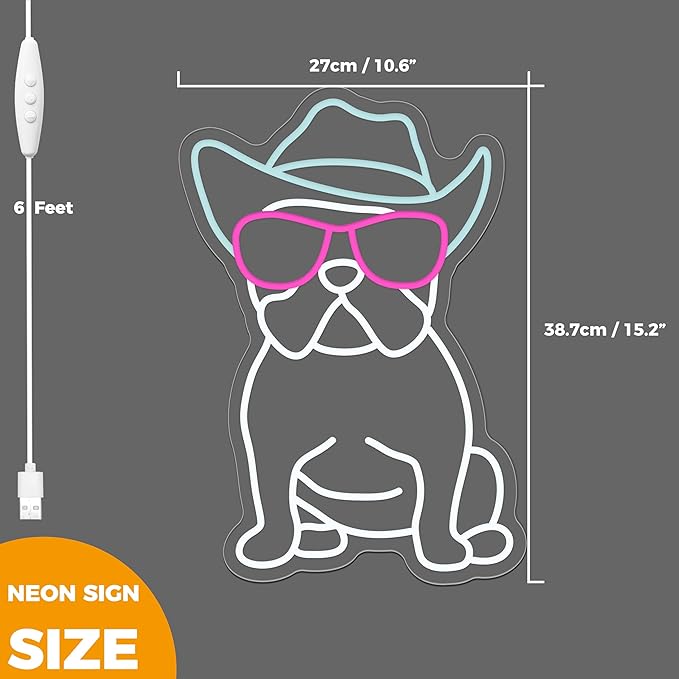 Cowboy French Bulldog Neon Sign for Wall Decor Cowboy Frenchie Wearing Glasses LED Neon Lights French Bulldog Decor Accessories Frenchie Decor French Bulldog Gifts (Cowboy),10.6x15.2 inches.