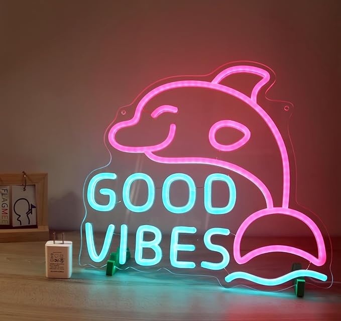 Good Vibes Neon Dolphin Sign, Ice Blue & Pink for Bedroom Wall Decor, Party or Happy Hour, Brightness Adjustable | Includes 5V Charger