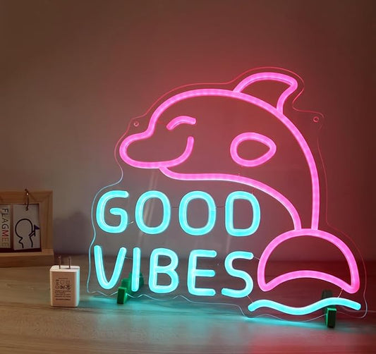 Good Vibes Neon Dolphin Sign, Ice Blue & Pink for Bedroom Wall Decor, Party or Happy Hour, Brightness Adjustable | Includes 5V Charger