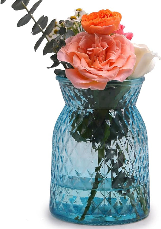 OFFIDIX Glass Vase,6.5 * 4.5in Large Mouth Shape Geometric Faceted Design Flower Vase for Weddings,Events,Decorating,Office,Home Decor