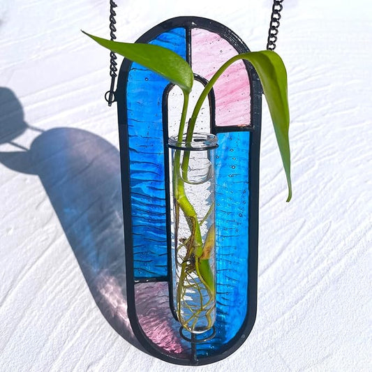 LITMIND Stained Glass Plant Propagation Station, Hanging Hydroponic Planter Terrarium with 2 Glass Tubes - Perfect for Home & Garden Décor