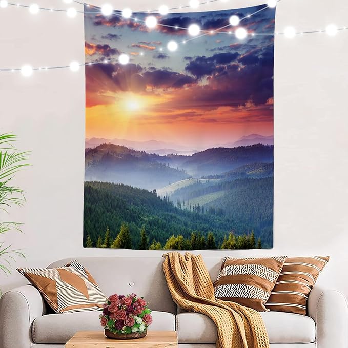 BaoNews Golden Yellow Natural Sunset Tapestry,Landscape Mountains Large Wall Hanging Polyester Tablecloths Tapestry Bedroom Room Living Room Dorm 82.7 x 59.1 Inches