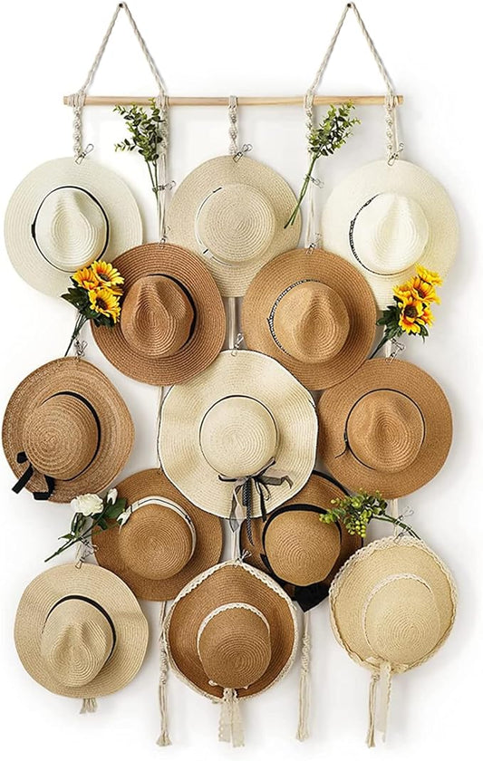 Macrame Hat Rack for Wall 31x53 in Hat Organizer with 15 Clips Hanging Hat Hangers for Wide Brimmed Hat Display Women Hat Storage Boho Hat Hanger Decorative Hat Holder for Fedora Cowboy Hat