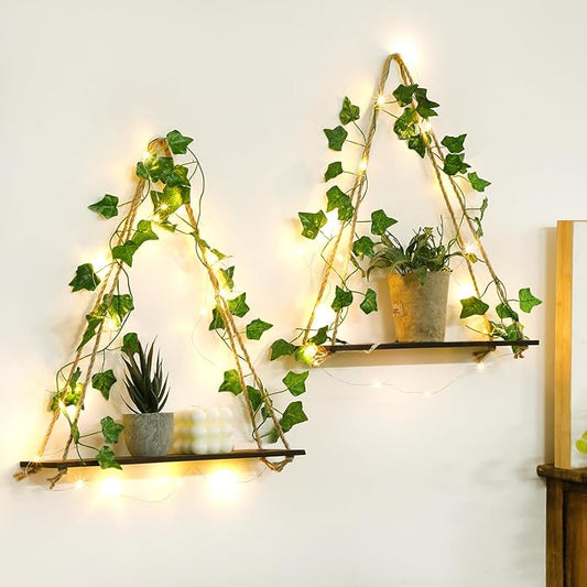 2 Pack Artificial Ivy Wall Hanging Shelves Boho Floating Shelves Wall Decor, Adjustable Rustic Wood Shelf with LED Light Storage Rack Macrame Plant Shleves Holder for Bedroom