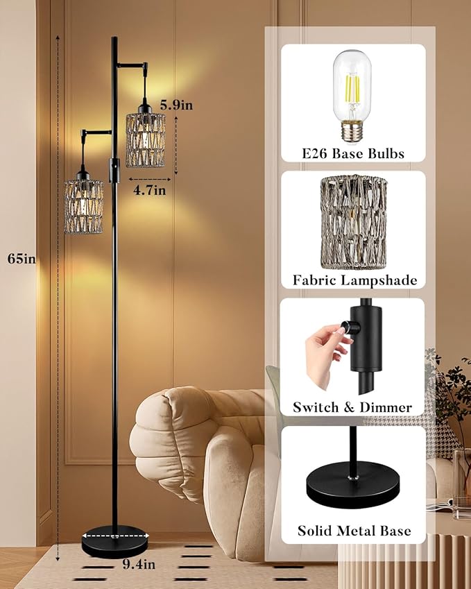 Lightdot 65" Dimmable Floor Lamp for Living Room, Industrial 2-Light Tree Floor Lamp with Black Rattan Cages, Bohemian Tall Standing Lamps, Modern Floor Lighting for Bedroom Office, E26 Base