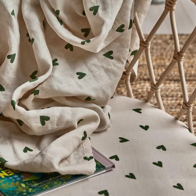 Denmark - Super Soft Muslin Mini Crib Sheets - 24'' x 38'' - 100% Organic Baby Crib Sheets for Boys and Girls (Green Hearts)