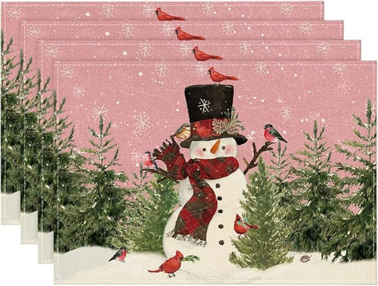 Artoid Mode Snowman Birds Trees Christmas Placemats Set of 4, 12x18 Inch Seasonal Pink Winter Holiday Table Mats for Party Kitchen Dining Decoration