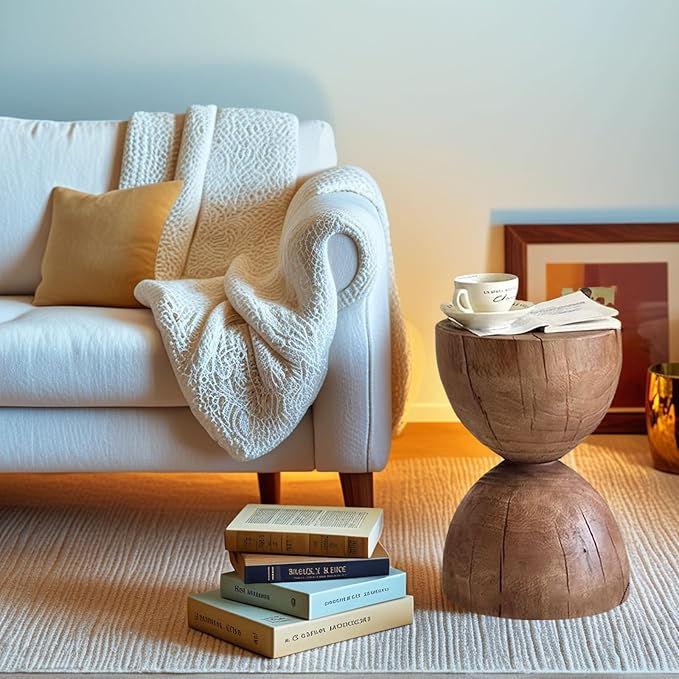 Natural Wooden Pillar Side Table – Round Tree Wood Drum-Shaped Coffee Table, Side Table for Balcony, Courtyard, Garden, Living Room Decoration – Modern Stool Design, Stable Base(Color:Brown)