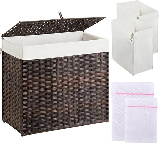 Greenstell Laundry Hamper with Lid, 125L Laundry Basket with 2 Removable Liner Bags & 2 Mesh Bags, Handwoven Synthetic Rattan Clothes Hamper for Clothes, Toys in Bathroom, Bedroom, Foldable, Brown