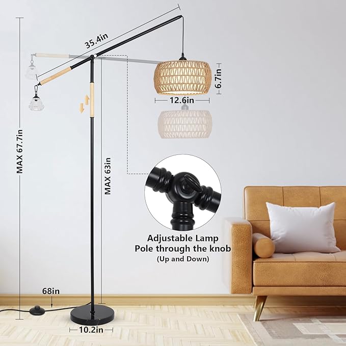 Arc Floor Lamps for Living Room, Rattan Floor Lamp with Remote, Boho Standing Lamp with Crystal Hanging Decor, Adjustable Arm Stand Up Lamp, Dimmable Tall Light for Bedroom Over Couch (Bulb Included)