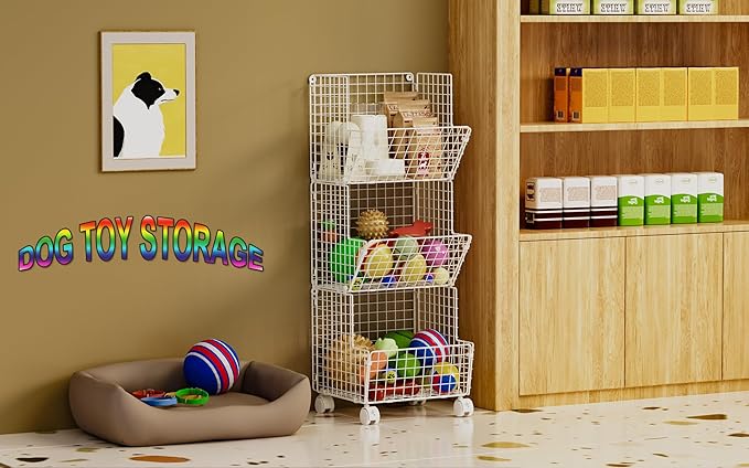 Sonyabecca Toy Organizer Basket Shelf with Wheel, S-Hooks, Rolling Cart Hanging Storage Baskets for Child Room, Playroom, Bedroom, Kitchen (White)