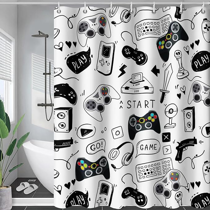 AILONEN Gamer Shower Curtain for Boys 60" W*72" H Black Gaming Video Game Bathroom Curtain,Teen Boys Bath Curtain Polyester Waterproof Retro Game Controller Bathroom Curtain with 12 Hooks