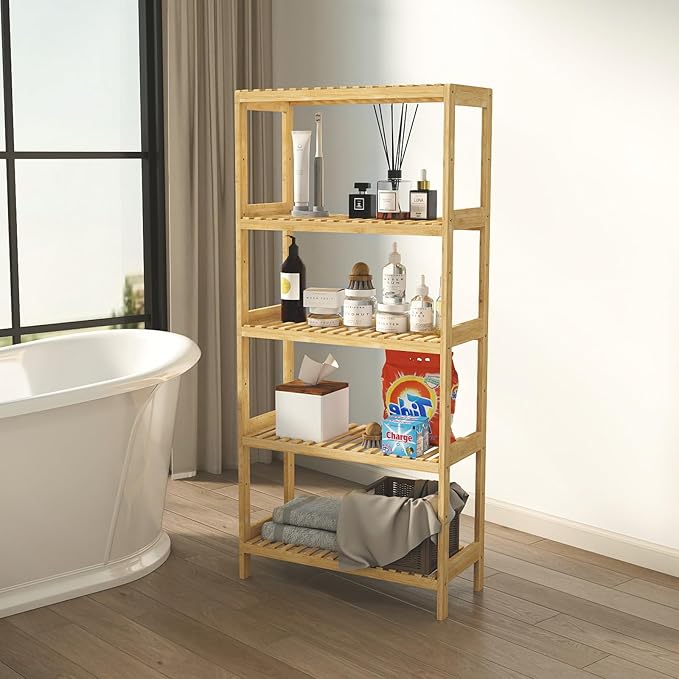 kinbor 5-Tier Bamboo Shelf Freestanding - Space-Saving Bathroom Standing Shelf & Plant Stand, 5 Shelf Bookcase for Kitchen, Living Room, Office (Natural Bamboo, Easy Assembly)