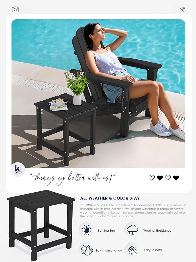 KINGYES Adirondack Side Table, Patio Outdoor Rectangular End Table, Black