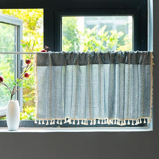 Sutuo Home Blue Boho Curtain 52W x 36L inch White Striped Light Filtering Short Valance Tier, 1 Panel Embroidery Bohemian Farmhouse Country Kitchen Window Treatment Decor for Small Closet