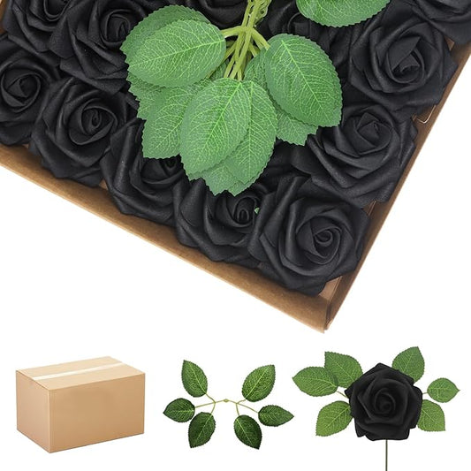 200PCS Black Artificial Flowers Roses Real Looking Foam Fake Roses with Leaves for DIY Wedding Bouquets Bridal Shower Party Decorations (Black, 200)