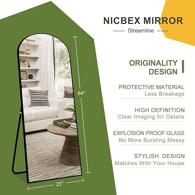 NicBex Arched Full Length Mirror, 64"x24" Aluminum Alloy Frame Full Body Mirror with Stand, Black - Free Standing, Leaning Against Wall or Wall-Mounted, for Bedroom Living Room Dressing Room