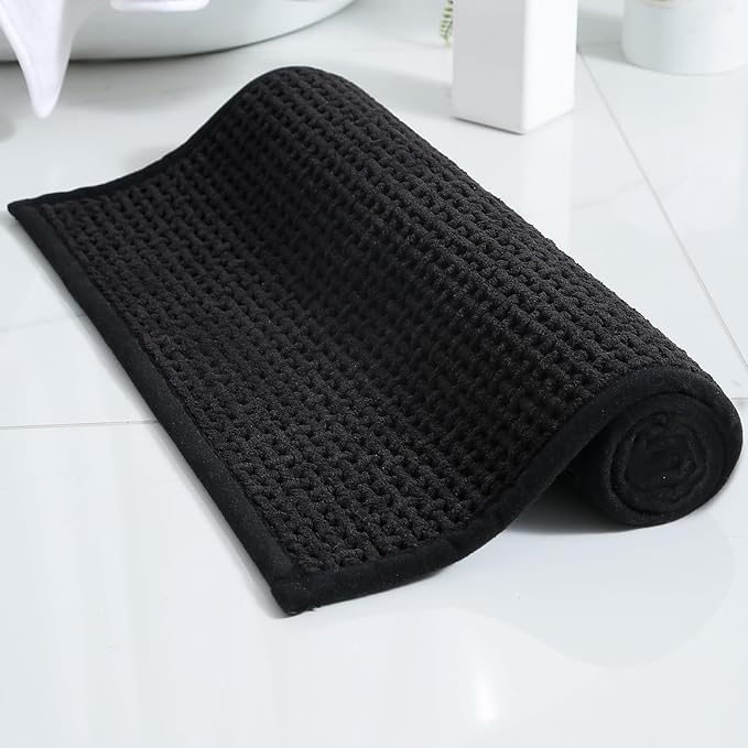 Washable Bathroom Rugs: 47x20 Black Runner Bath Mat – Non Slip Chenille Bathmat for Bathroom Floor & Shower