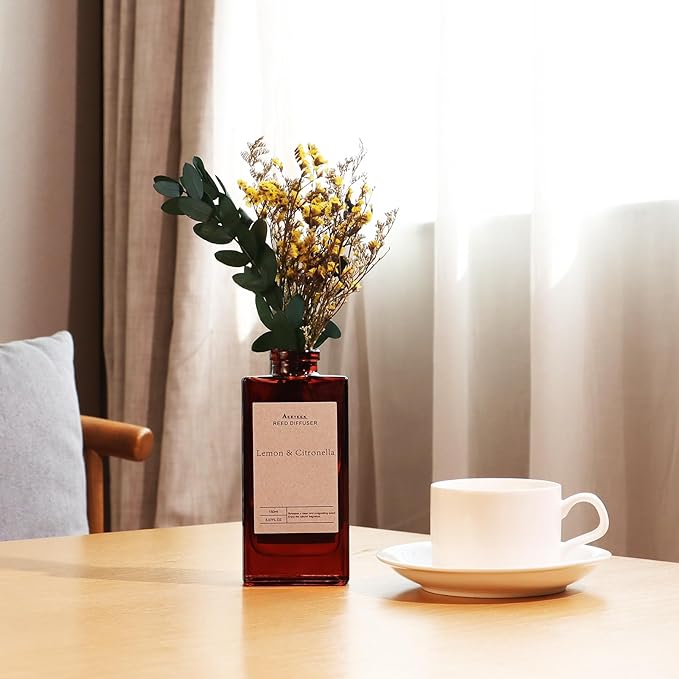 Reed Diffuser Set - Lemon Citronella Essential Oil, 5 oz/150ml Lemon Aroma Scent Oils Air Freshener with Flower Decoration and Diffuser Sticks, Home Fragrance for Room Bathroom Decor