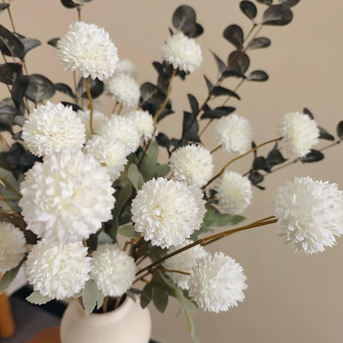 RyddeligHome White Faux Flowers for Vase - Kiku 10 Stems & Eucalyptus, Fake Flowers Stems, Realistic Artificial Flowers, Pom Pom Balls for Aesthetic Room Decor, Floral Arrangements Centerpiece