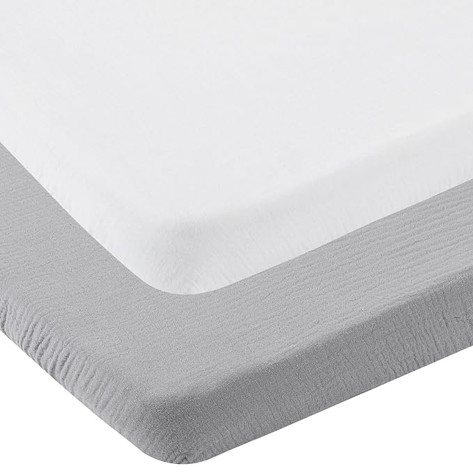 Muslin Pack n Play Sheets Soft Breathable 100% Cotton Mini Crib Fitted Sheets Portable/Convertible Playard Mattress Cover 2 Pack for Baby Boy and Girl, White and Grey