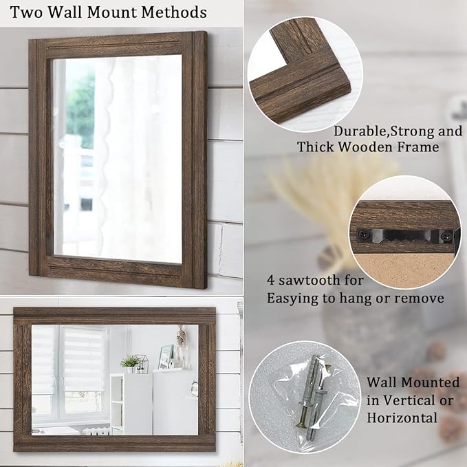 AAZZKANG Rustic Wood Mirror Rectangle Decorative Wall Hanging Mirrors with Frame Large 26"x18" for Bedroom Living Room Bathroom Home Entryway