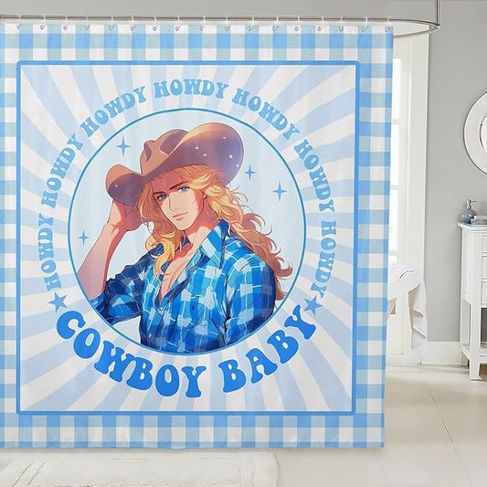Manfei Western Cowboy Kids Shower Curtains,Cowboy Hat Rustic Farmhouse Bathroom Curtains for Boys Men,Geometric Grids Patchwork Stylish Blue Cartoon Waterproof Curtains,12 Hooks Suits,72" W x 78" L