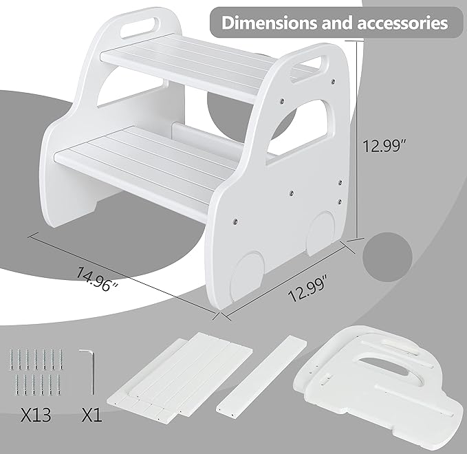 AMBIRD Wooden Step Stool, Two Step Stools Toddler with Safety Non-Slip Pads and Handles, White Bamboo Step Stool for Bathroom, Bedroom, Kitchen Step Stools Kids