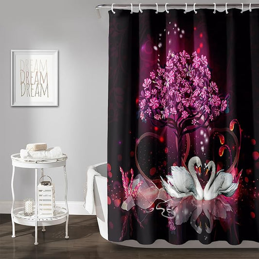 AILONEN Romantic Love Theme Shower Curtain for Girls Pink Love Tree Floral Valentine Bathroom Decor,Swan Couple Lover Bath Curtain 72" W*72" H Polyester Waterproof Bathroom Curtain with Hooks