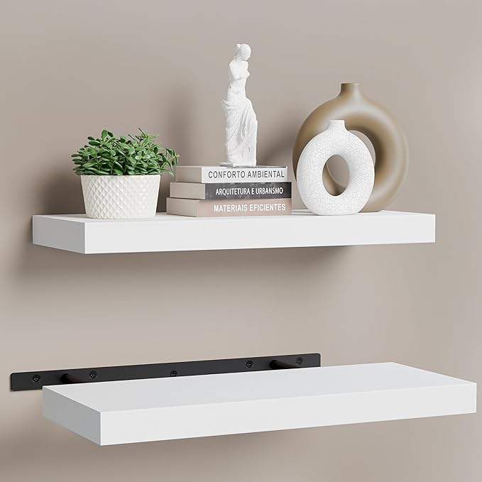 BATODA Set of 2 17" White Floating Shelves Wall Mounted for Bathroom – Wooden Decorative Wall Bookshelf - Storage Shelf Organizer for Home, Bedroom, Kitchen - Black Bracket, Shelving Mounting Included