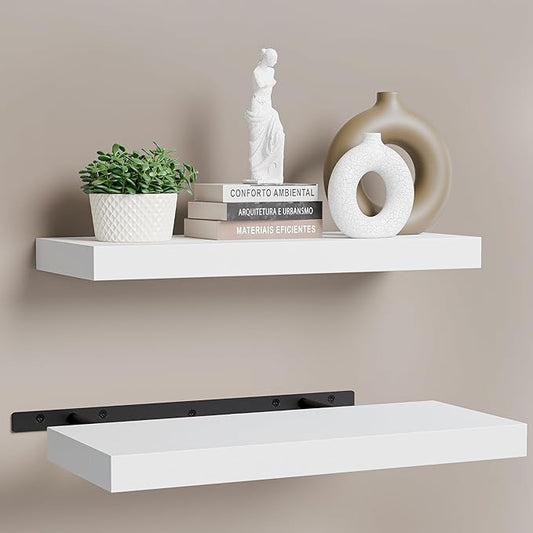 BATODA Set of 2 17" White Floating Shelves Wall Mounted for Bathroom – Wooden Decorative Wall Bookshelf - Storage Shelf Organizer for Home, Bedroom, Kitchen - Black Bracket, Shelving Mounting Included