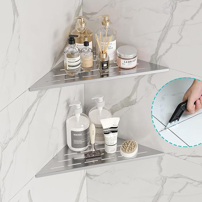 Neodrain 10" Brushed Corner Wall Shelf Set of 2, Floating Corner Shelves for Wall, 304 Stainless Steel Shower Storage Shelves for Bathroom, No Drilling